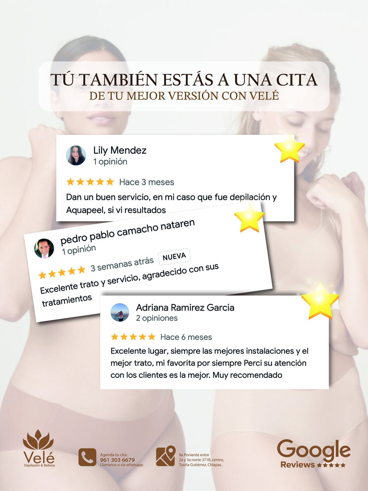 Reseñas de clientas VELÉ — Spa premium con calificación 4.9 en Tuxtla Gutiérrez